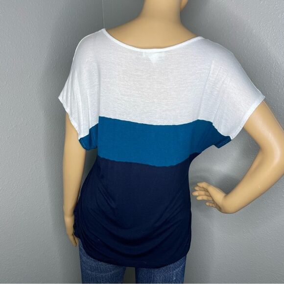 Love J Short Sleeve Color Block Striped Blouse Size Large Teal Navy Blue White - Picture 4 of 10